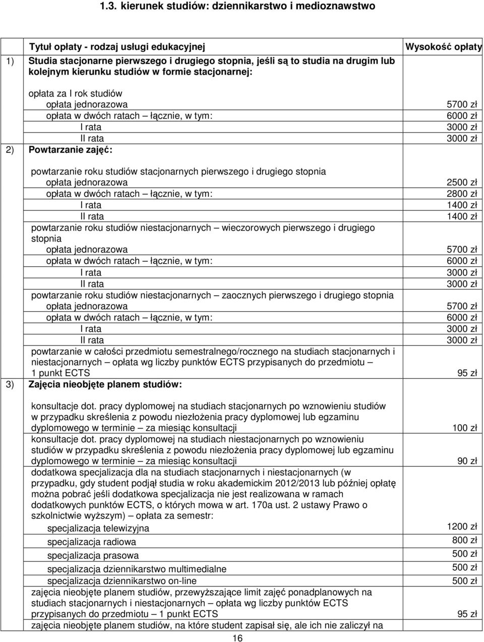 pierwszego i drugiego stopnia 5700 zł 6000 zł 3000 zł 3000 zł powtarzanie roku studiów niestacjonarnych zaocznych pierwszego i drugiego stopnia 5700 zł 6000 zł 3000 zł 3000 zł powtarzanie w całości