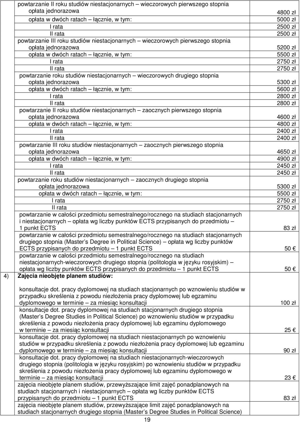 2400 zł 2400 zł powtarzanie III roku studiów niestacjonarnych zaocznych pierwszego stopnia 4650 zł 4900 zł 2450 zł 2450 zł powtarzanie roku studiów niestacjonarnych zaocznych drugiego stopnia 5 5