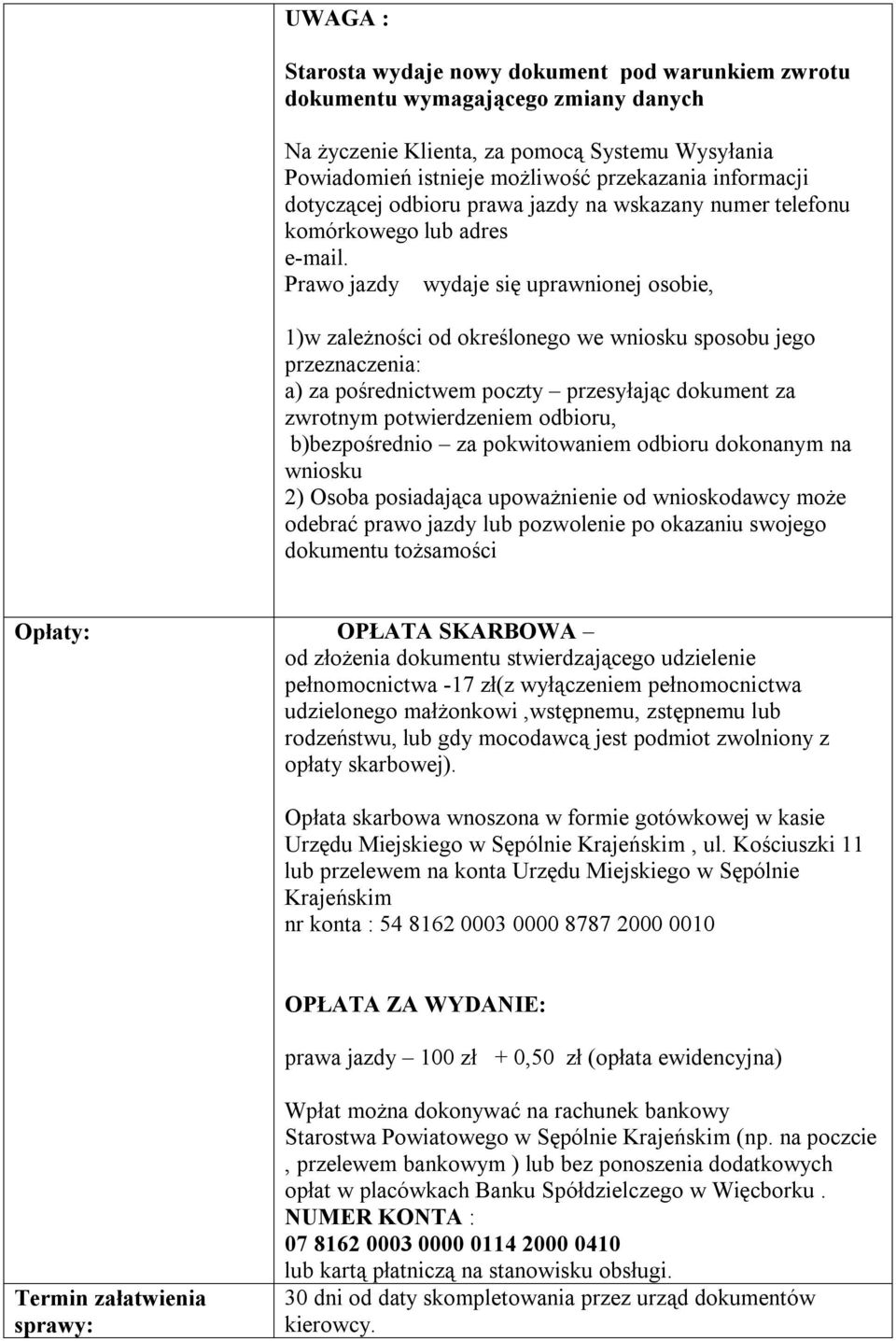 Starostwo Powiatowe Wydział Komunikacji i Dróg, pokój 36, ul. Kościuszki  11, Sępólno Kraj. - PDF Darmowe pobieranie