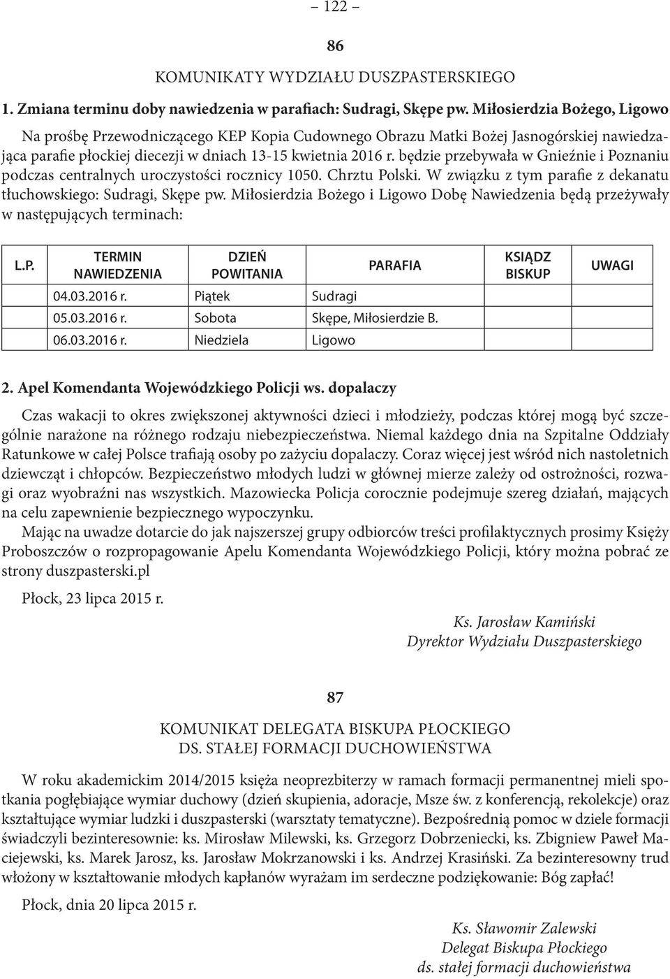 będzie przebywała w Gnieźnie i Poznaniu podczas centralnych uroczystości rocznicy 1050. Chrztu Polski. W związku z tym parafie z dekanatu tłuchowskiego: Sudragi, Skępe pw.
