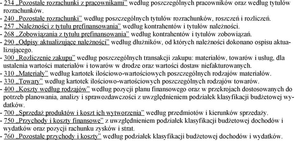 - 268 Zobowiązania z tytułu prefinansowania według kontrahentów i tytułów zobowiązań. - 290 Odpisy aktualizujące należności według dłużników, od których należności dokonano ospisu aktualizującego.