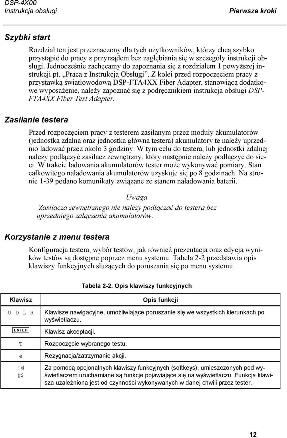 Z kolei przed rozpoczęciem pracy z przystawką światłowodową DSP-FTA4XX Fiber Adapter, stanowiącą dodatkowe wyposażenie, należy zapoznać się z podręcznikiem instrukcja obsługi DSP- FTA4XX Fiber Test