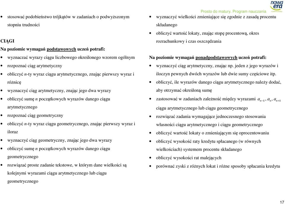 ciągu arytmetycznego rozpoznać ciąg geometryczny obliczyć n-ty wyraz ciągu geometrycznego, znając pierwszy wyraz i iloraz wyznaczyć ciąg geometryczny, znając jego dwa wyrazy obliczyć sumę n