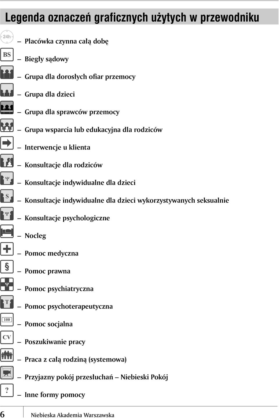 Konsultacje indywidualne dla dzieci wykorzystywanych seksualnie Konsultacje psychologiczne Nocleg Pomoc medyczna Pomoc prawna Pomoc psychiatryczna