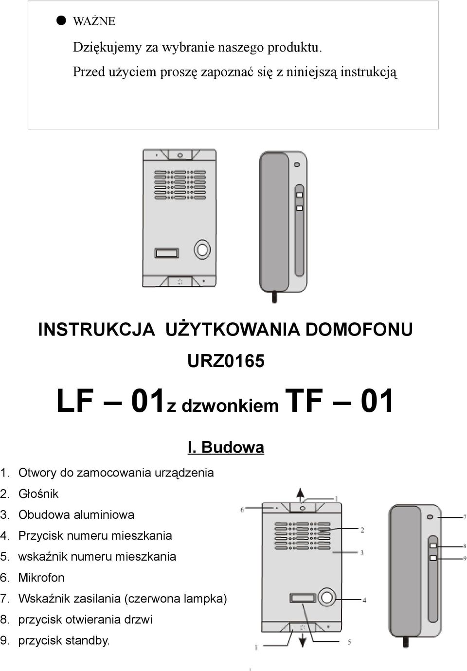 01z dzwonkiem TF 01 I. Budowa 1. Otwory do zamocowania urządzenia 2. Głośnik 3. Obudowa aluminiowa 4.