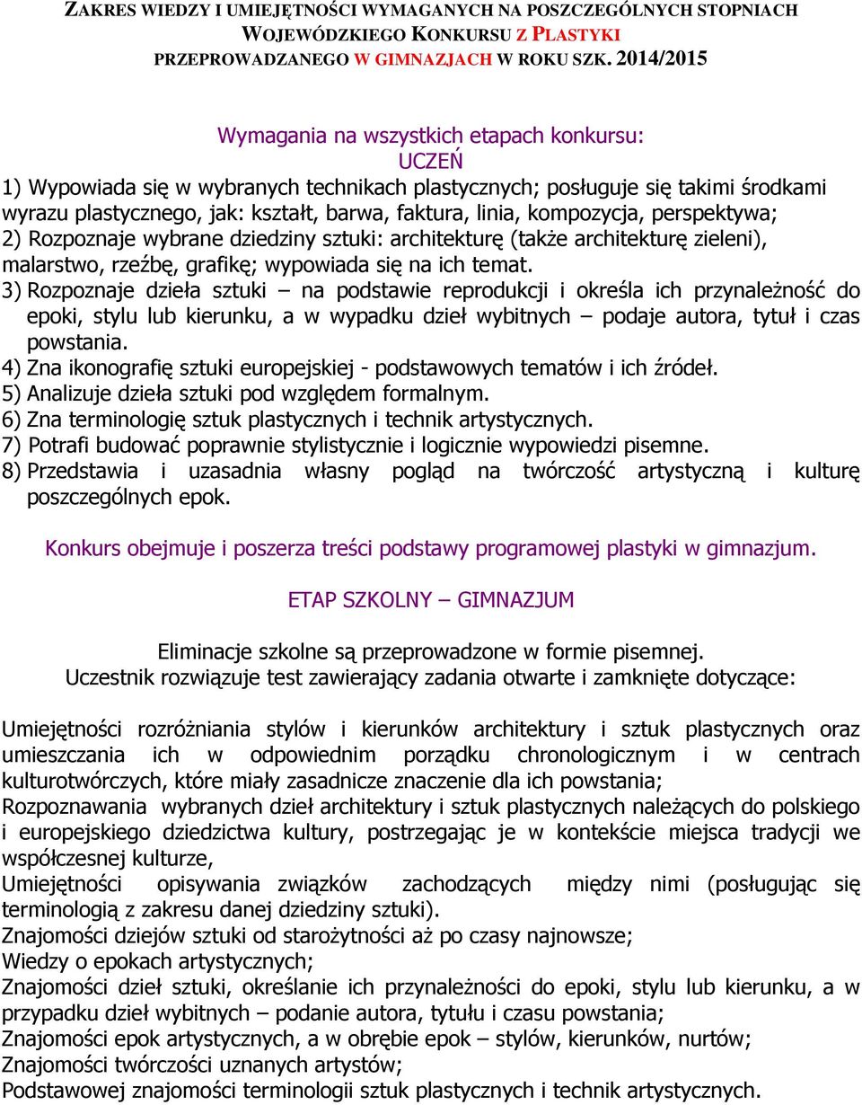 kompozycja, perspektywa; 2) Rozpoznaje wybrane dziedziny sztuki: architekturę (także architekturę zieleni), malarstwo, rzeźbę, grafikę; wypowiada się na ich temat.