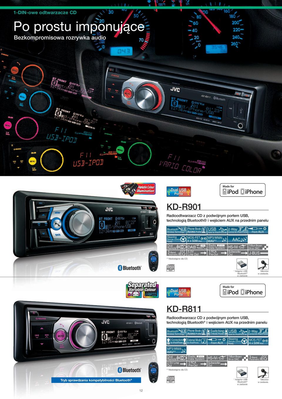 Control for ipod/iphone 3 RCA Pre- Subwoofer Front AUX TI/Burr-Brown 24-bit DAC J-BUS * Adaptor w zestawie Mikrofon w zestawie.