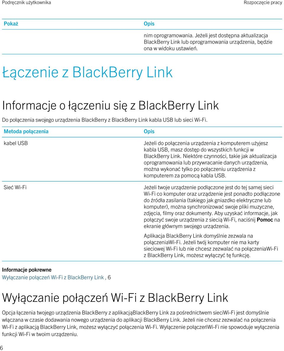 Metoda połączenia kabel USB Sieć Wi-Fi Opis Jeżeli do połączenia urządzenia z komputerem użyjesz kabla USB, masz dostęp do wszystkich funkcji w BlackBerry Link.
