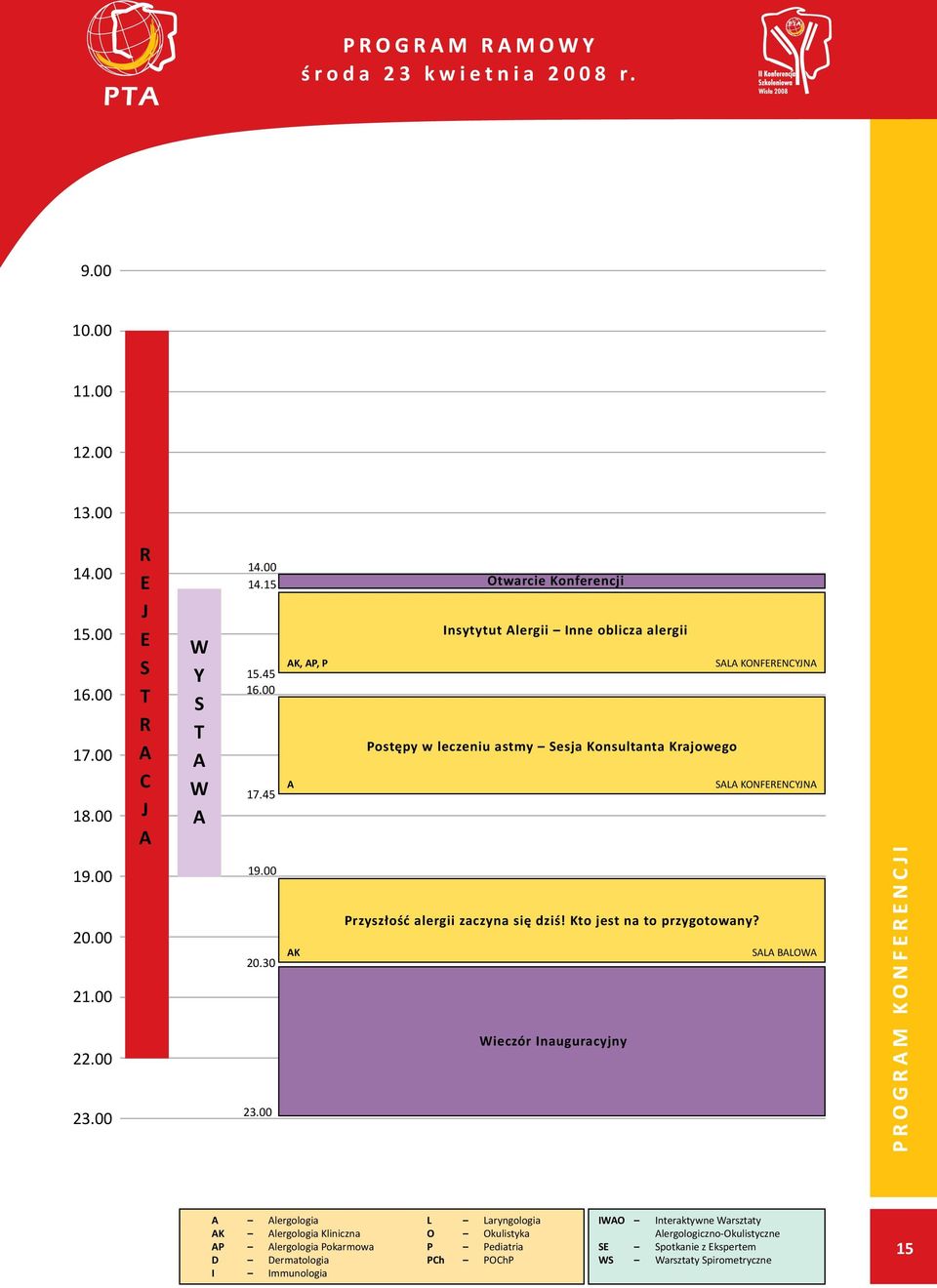 45 K, P, P Otwarcie Konferencji Insytytut lergii Inne oblicza alergii Sala Konferencyjna Postępy w leczeniu astmy Sesja Konsultanta Krajowego Sala Konferencyjna 19.00 20.00 21.00 22.