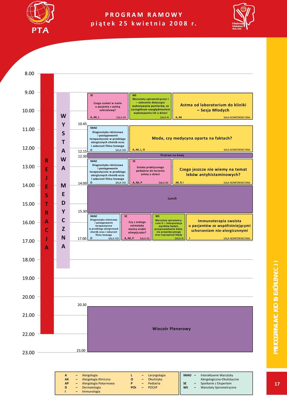 , K, L IWO Diagnostyka różnicowa i postępowanie terapeutyczne w przebiegu alergicznych chorób oczu i zaburzeń filmu łzowego O Sala XII Sala VIII IWO Diagnostyka różnicowa i postępowanie terapeutyczne