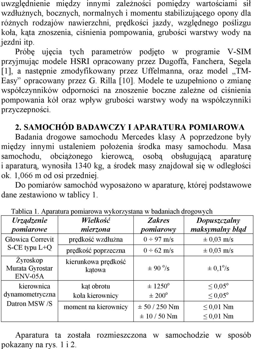 Próbę ujęcia tych parametrów podjęto w programie V-SIM przyjmując modele HSRI opracowany przez Dugoffa, Fanchera, Segela [1], a następnie zmodyfikowany przez Uffelmanna, oraz model TM- Easy