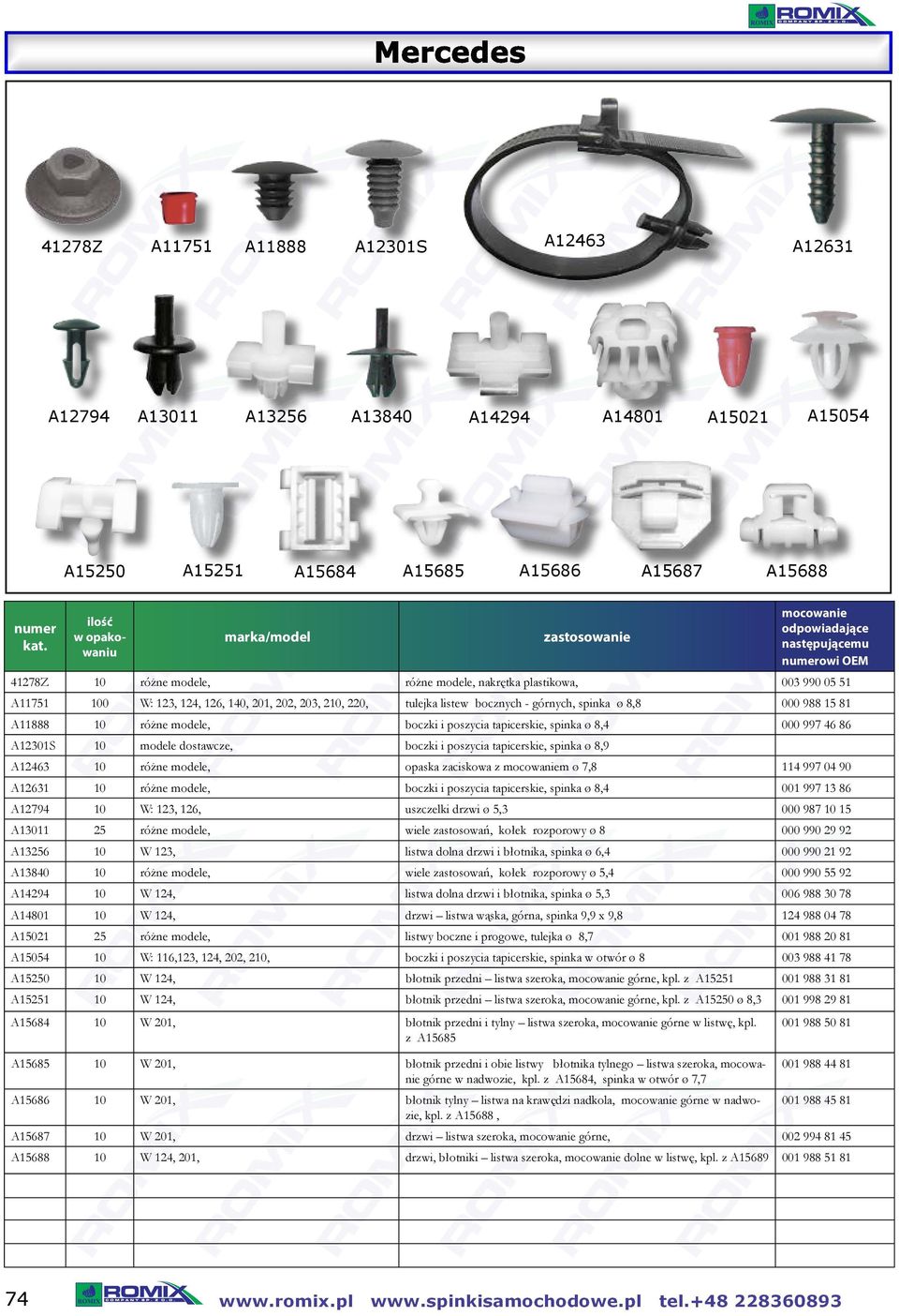 tapicerskie, spinka ø 8,4 000 997 46 86 A12301S 10 modele dostawcze, boczki i poszycia tapicerskie, spinka ø 8,9 A12463 10 różne modele, opaska zaciskowa z m ø 7,8 114 997 04 90 A12631 10 różne