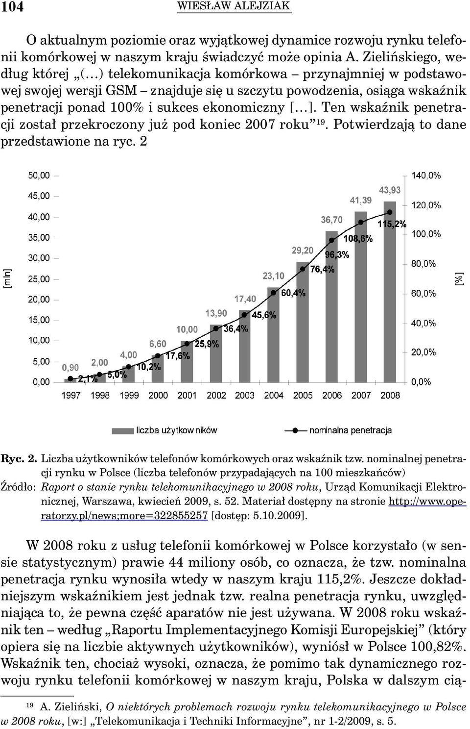 ]. Ten wskaźnik penetracji został przekroczony już pod koniec 2007 roku 19. Potwierdzają to dane przedstawione na ryc. 2 Ryc. 2. Liczba użytkowników telefonów komórkowych oraz wskaźnik tzw.