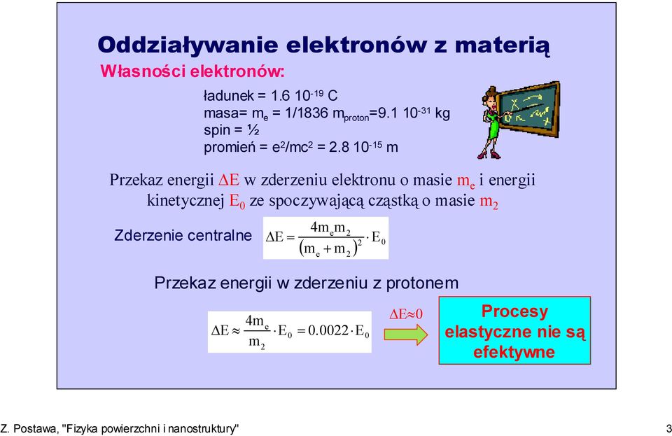 8 10-15 m Przekaz energii E w zderzeniu elektronu o masie m e i energii kinetycznej E 0 ze spoczywającą cząstką o