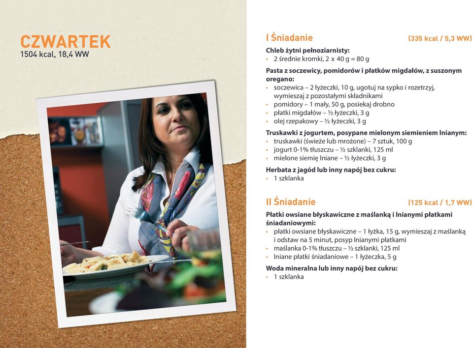 siemieniem lnianym: truskawki (świeże lub mrożone) 7 sztuk, 100 g jogurt 0-1% tłuszczu ½ szklanki, 125 ml mielone siemię lniane ½ łyżeczki, 3 g Herbata z jagód lub inny napój bez cukru: II Śniadanie