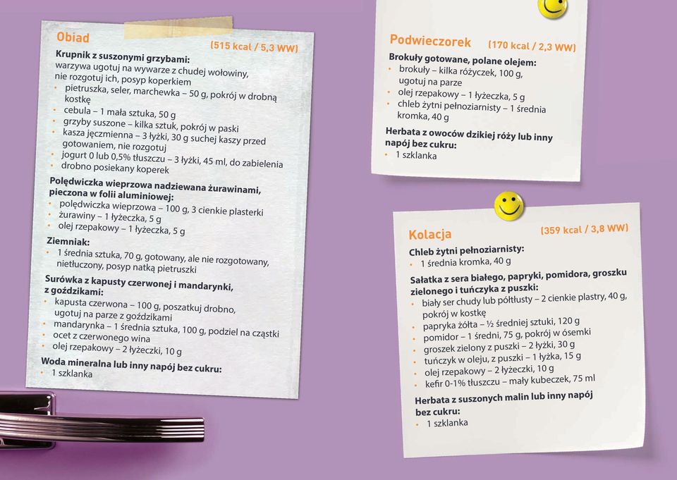 drobno posiekany koperek Podwieczorek (170 kcal / 2,3 WW) Brokuły gotowane, polane olejem: brokuły kilka różyczek, 100 g, ugotuj na parze chleb żytni pełnoziarnisty 1 średnia kromka, 40 g Herbata z