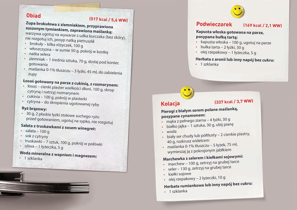 zabielenia zupy Podwieczorek (169 kcal / 2,1 WW) Kapusta włoska gotowana na parze, posypana bułką tartą: kapusta włoska 100 g, ugotuj na parze bułka tarta 2 łyżki, 30 g Herbata z aronii lub inny