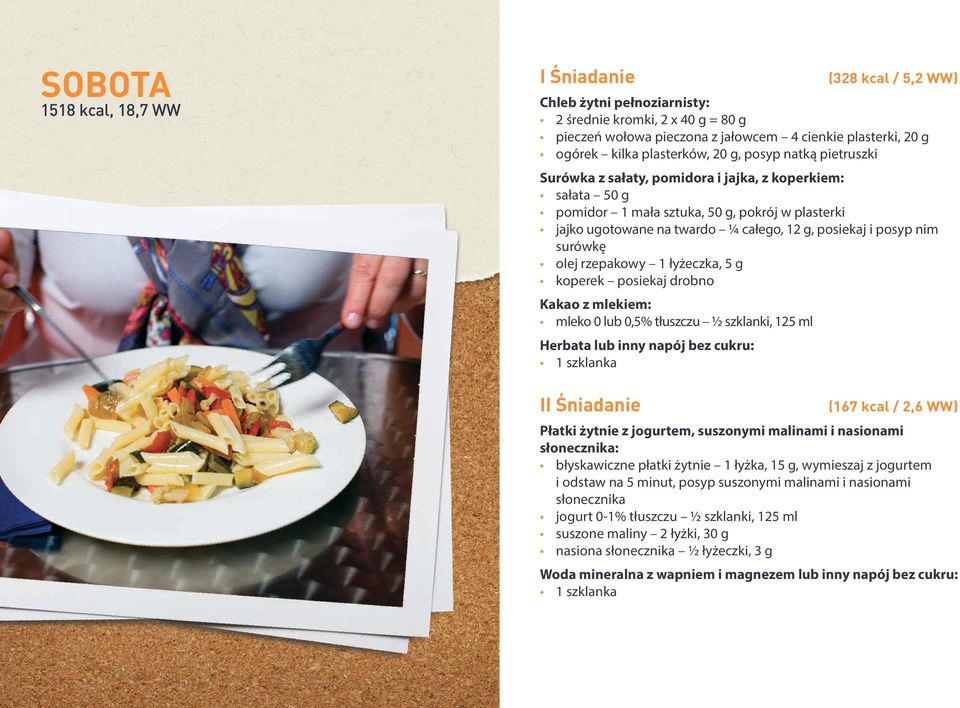 posiekaj drobno Kakao z mlekiem: mleko 0 lub 0,5% tłuszczu ½ szklanki, 125 ml Herbata lub inny napój bez cukru: II Śniadanie (167 kcal / 2,6 WW) Płatki żytnie z jogurtem, suszonymi malinami i