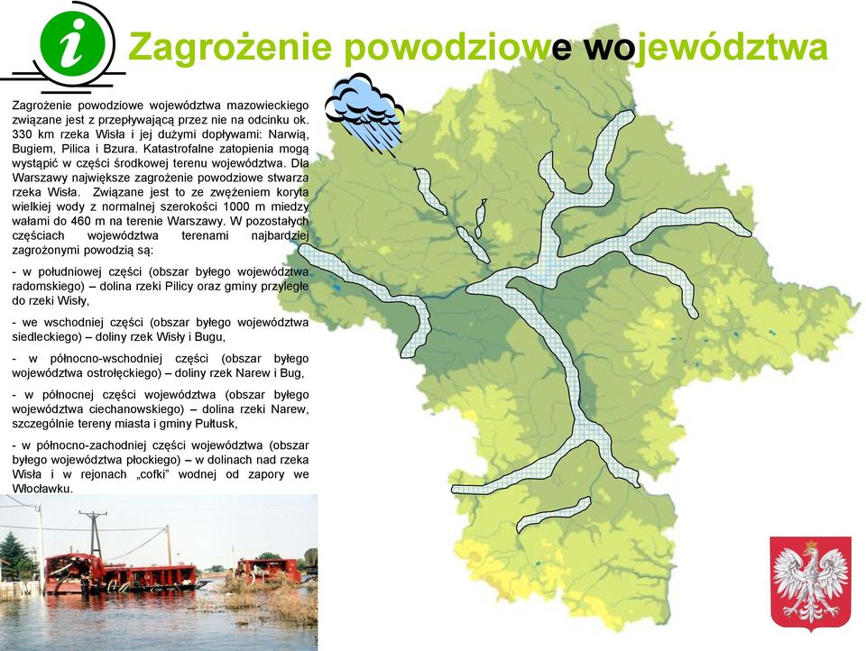 Dla Warszawy największe zagrożenie powodziowe stwarza rzeka Wisła. Związane jest to ze zwężeniem koryta wielkiej wody z normalnej szerokości 1000 m miedzy wałami do 460 m na terenie Warszawy.