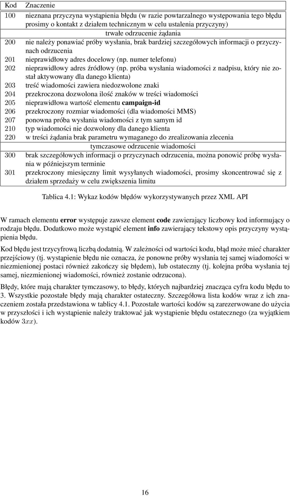 próba wysłania wiadomości z nadpisu, który nie został aktywowany dla danego klienta) 203 treść wiadomości zawiera niedozwolone znaki 204 przekroczona dozwolona ilość znaków w treści wiadomości 205