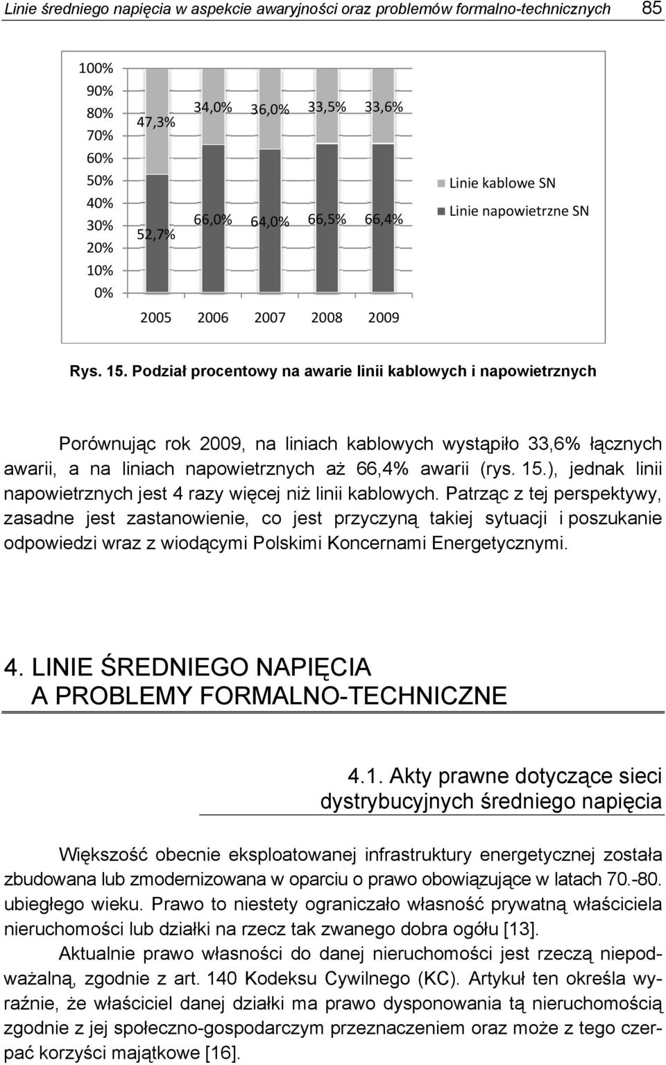 Podział procentowy na awarie linii kablowych i napowietrznych Porównując rok 2009, na liniach kablowych wystąpiło 33,6% łącznych awarii, a na liniach napowietrznych aż 66,4% awarii (rys. 15.