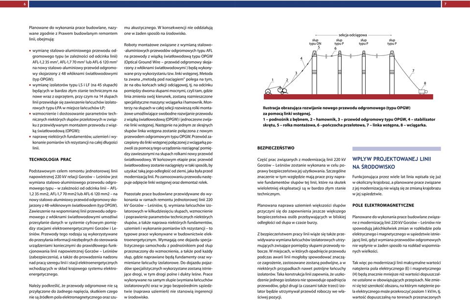 będących w bardzo złym stanie technicznym na nowe wraz z osprzętem, przy czym na 14 słupach linii przewiduje się zawieszenie łańcuchów izolatorowych typu ŁPA w miejsce łańcuchów ŁP; wzmocnienie i