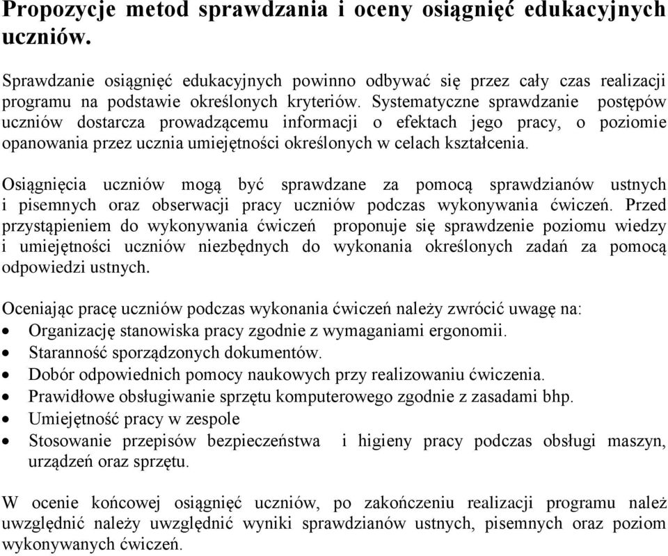 Osiągnięcia uczniów mogą być sprawdzane za pomocą sprawdzianów ustnych i pisemnych oraz obserwacji pracy uczniów podczas wykonywania ćwiczeń.