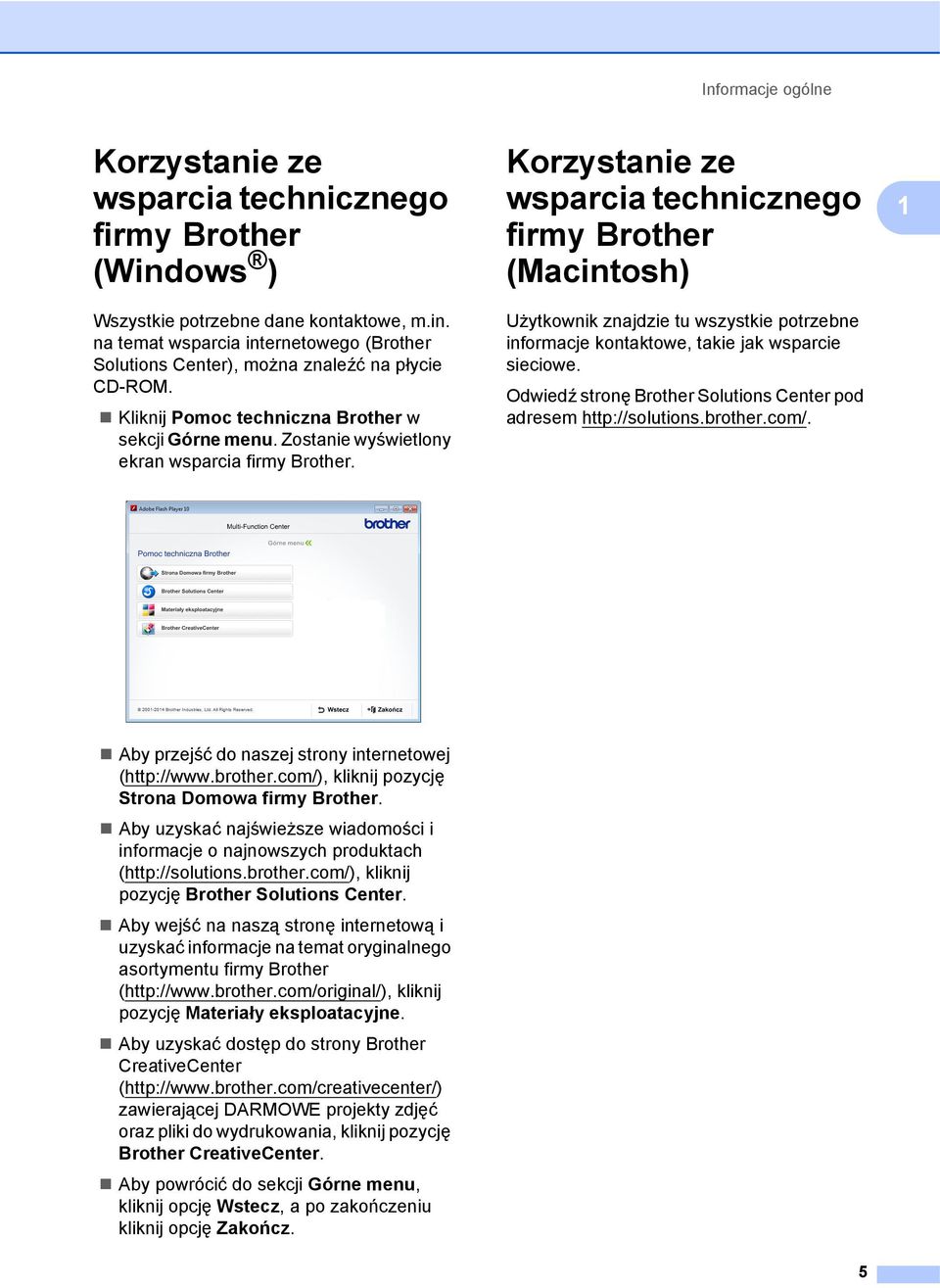 Korzystanie ze wsparcia technicznego firmy Brother (Macintosh) 1 Użytkownik znajdzie tu wszystkie potrzebne informacje kontaktowe, takie jak wsparcie sieciowe.