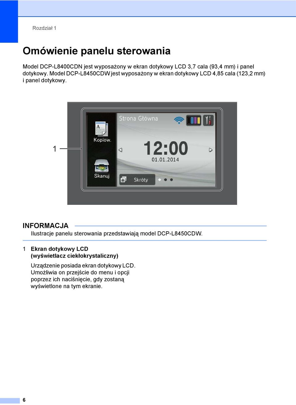1 INFORMACJA Ilustracje panelu sterowania przedstawiają model DCP-L8450CDW.