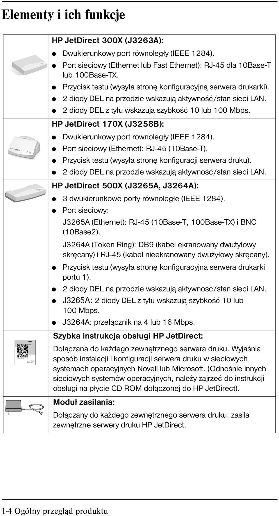 HP JetDirect 170X (J3258B): Dwukierunkowy port równoległy (IEEE 1284). Port sieciowy (Ethernet): RJ-45 (10Base-T). Przycisk testu (wysyła stronę konfiguracji serwera druku).