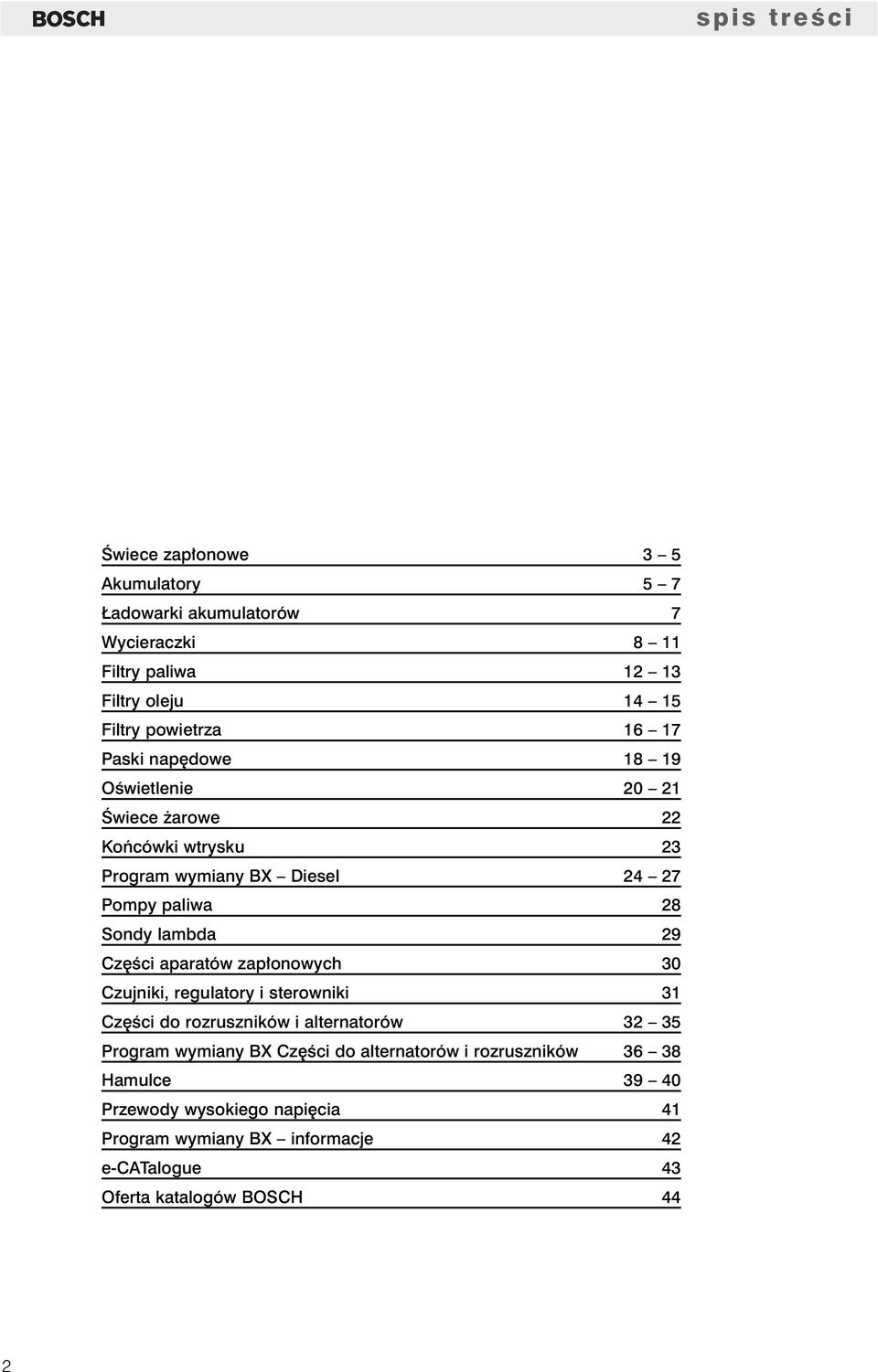 lambda 29 Cz Êci aparatów zap onowych 30 Czujniki, regulatory i sterowniki 31 Cz Êci do rozruszników i alternatorów 32 35 Program wymiany BX Cz