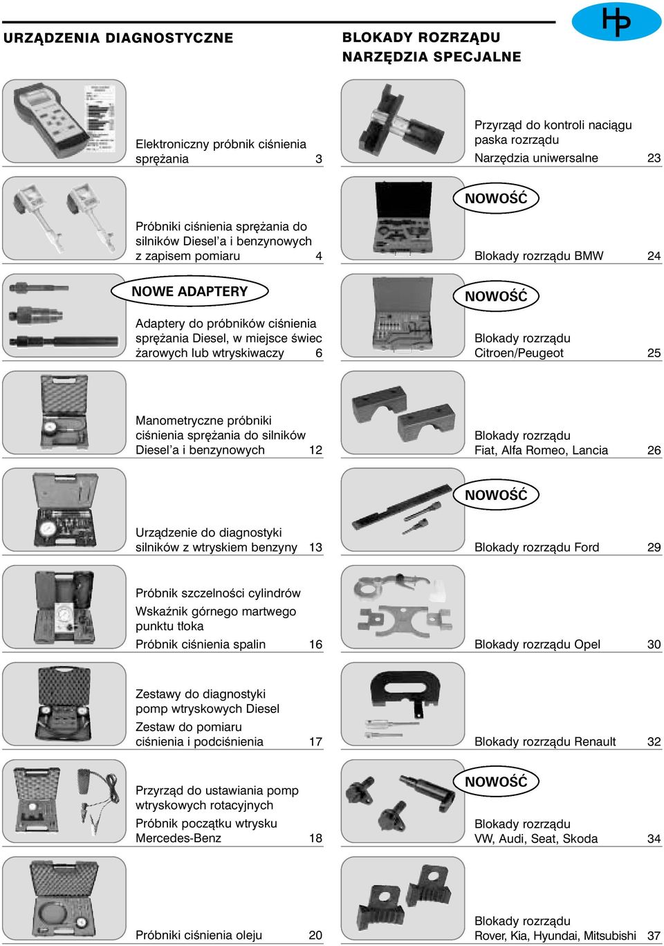 rozrzàdu Citroen/Peugeot 25 Manometryczne próbniki ciênienia spr ania do silników Diesel a i benzynowych 12 Blokady rozrzàdu Fiat, Alfa Romeo, Lancia 26 Urzàdzenie do diagnostyki silników z wtryskiem
