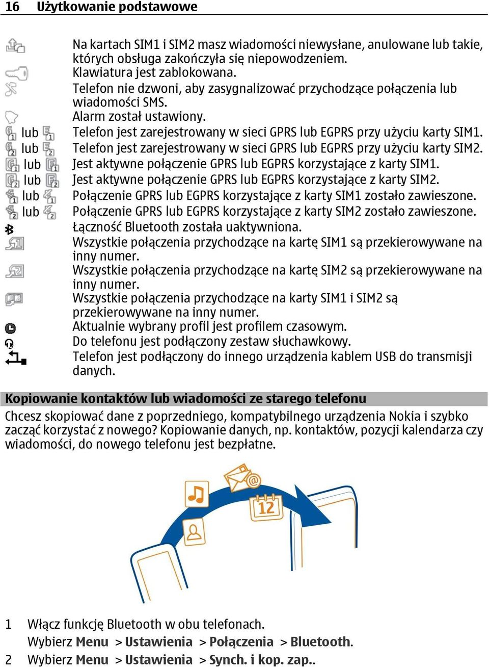 Telefon jest zarejestrowany w sieci GPRS lub EGPRS przy użyciu karty SIM2. Jest aktywne połączenie GPRS lub EGPRS korzystające z karty SIM1.