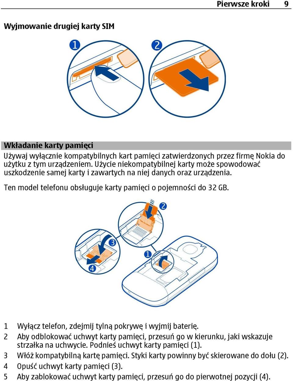 1 Wyłącz telefon, zdejmij tylną pokrywę i wyjmij baterię. 2 Aby odblokować uchwyt karty pamięci, przesuń go w kierunku, jaki wskazuje strzałka na uchwycie.
