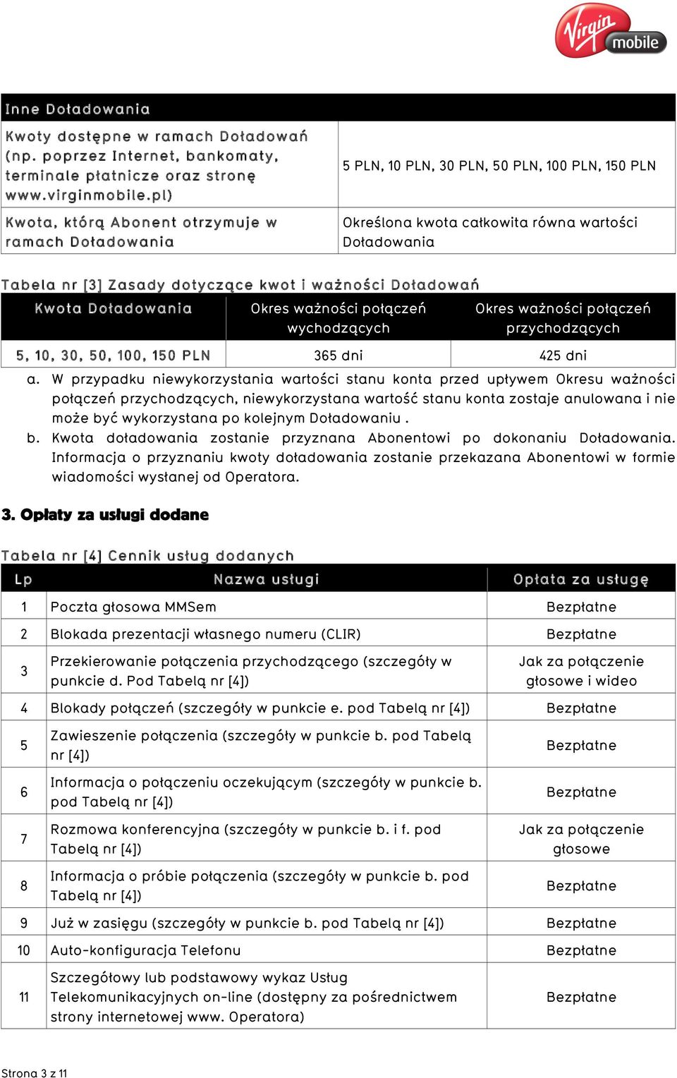 Doładowania Okres ważności połączeń wychodzących Okres ważności połączeń przychodzących 5, 10, 30, 50, 100, 150 365 dni 425 dni a.