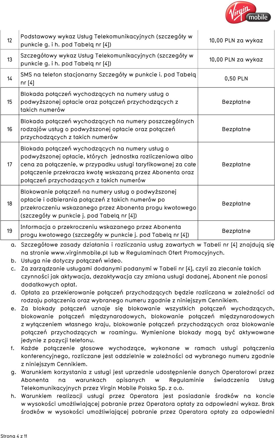 usług o podwyższonej opłacie oraz połączeń przychodzących z takich numerów Blokada połączeń wychodzących na numery usług o podwyższonej opłacie, których jednostka rozliczeniowa albo cena za