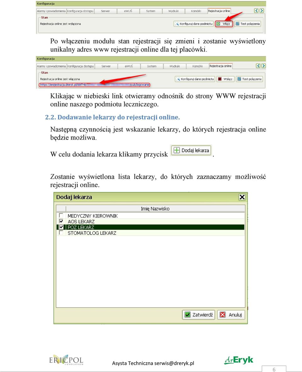 2. Dodawanie lekarzy do rejestracji online.