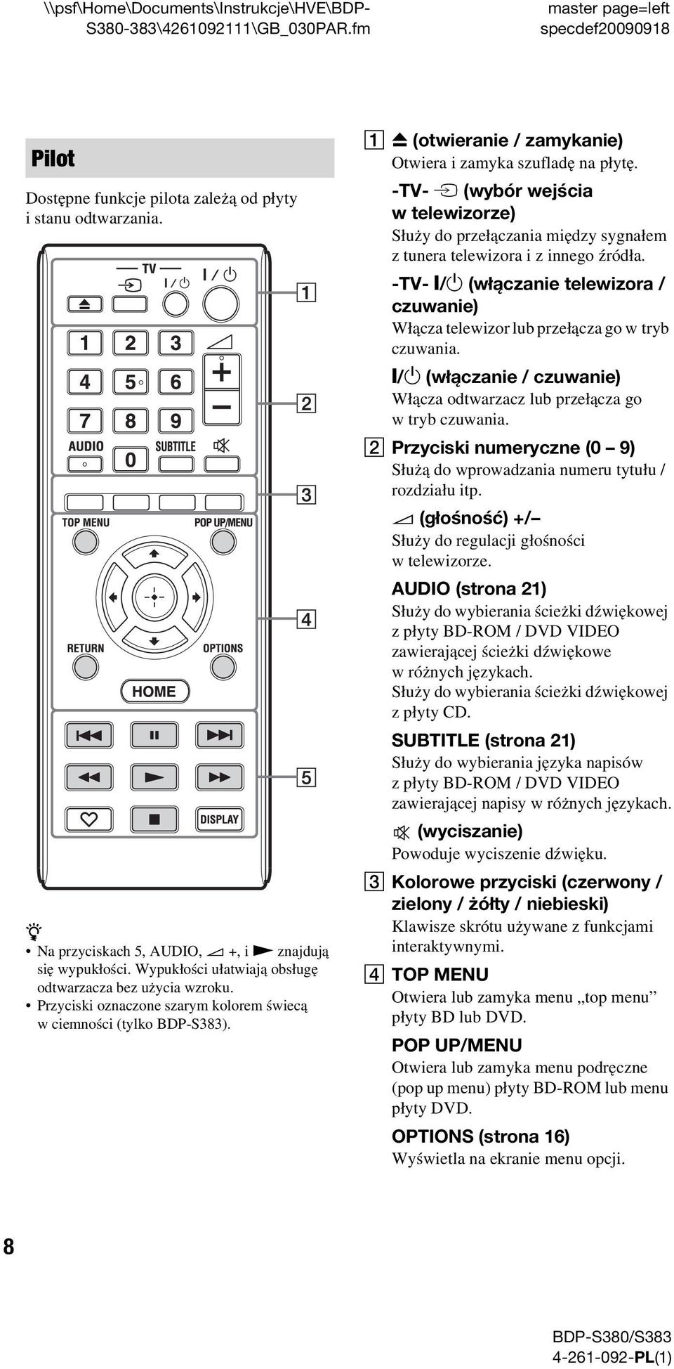 -TV- t (wybór wejścia w telewizorze) Służy do przełączania między sygnałem z tunera telewizora i z innego źródła.