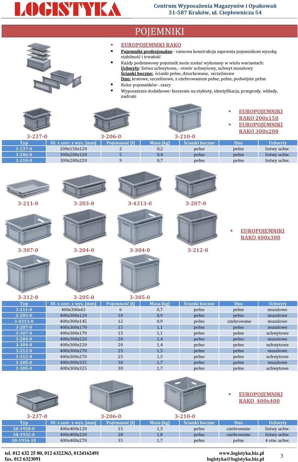 dodatkowe: kieszenie na etykiety, identyfikacja, przegrody, wkłady, nadruki EURO RAKO 200x150 EURO RAKO 300x200 3-237-0 3-206-0 3-210-0 Dł. x szer. x wys.