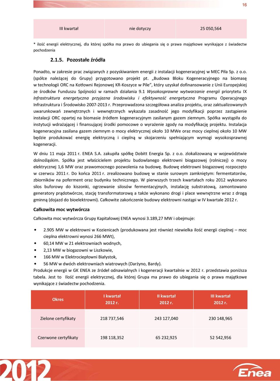 Budowa Bloku Kogeneracyjnego na biomasę w technologii ORC na Kotłowni Rejonowej KR-Koszyce w Pile, który uzyskał dofinansowanie z Unii Europejskiej ze środków Funduszu Spójności w ramach działania 9.