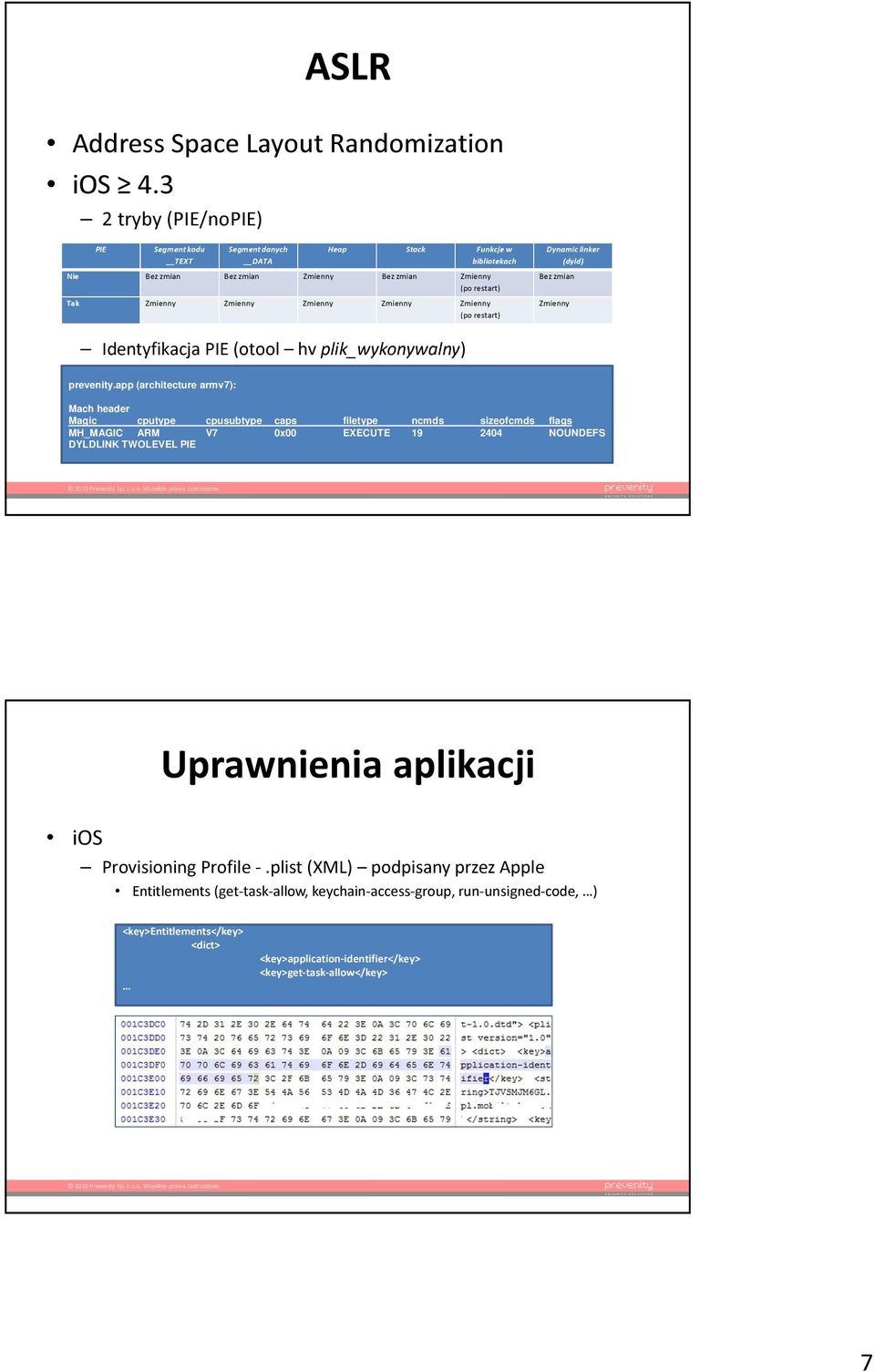 Zmienny Zmienny (po restart) Dynamic linker (dyld) Bez zmian Zmienny Identyfikacja PIE (otool hv plik_wykonywalny) prevenity.