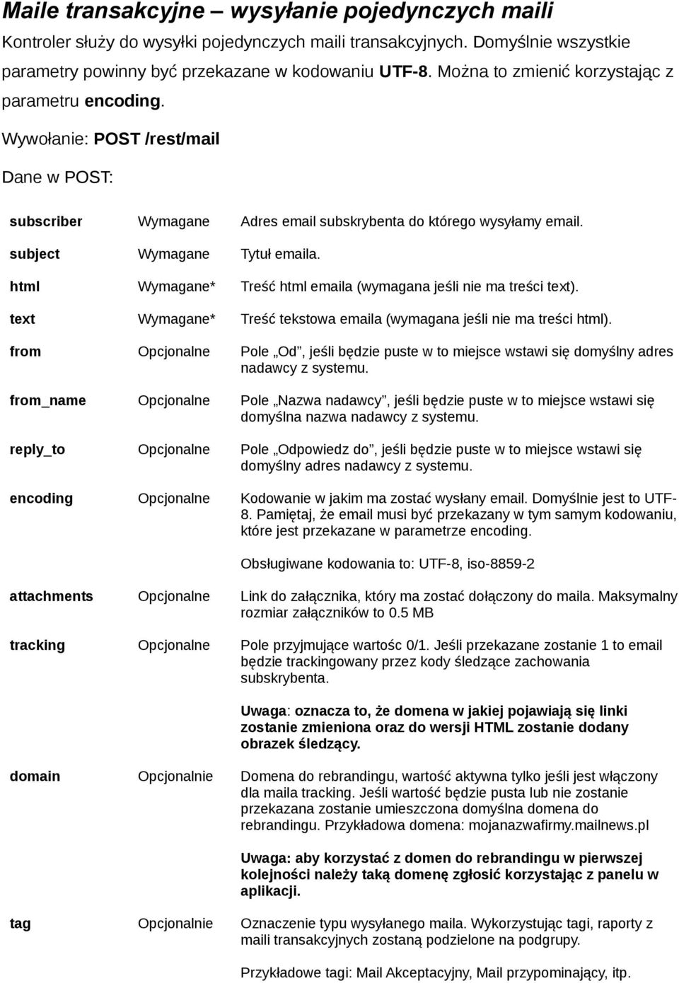 html Wymagane* Treść html emaila (wymagana jeśli nie ma treści text). text Wymagane* Treść tekstowa emaila (wymagana jeśli nie ma treści html).