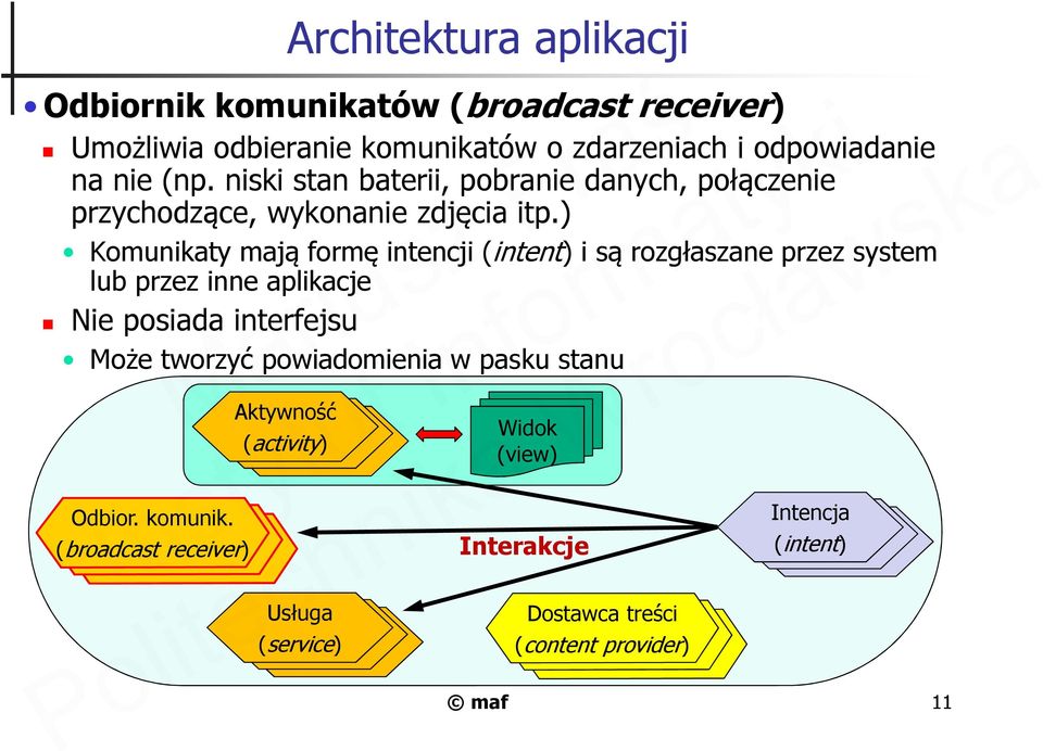 ) Komunikaty mają formę intencji (intent) i są rozgłaszane przez system lub przez inne aplikacje Nie posiada interfejsu Może tworzyć