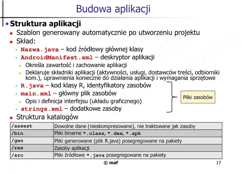 ), uprawnienia konieczne do działania aplikacji i wymagania sprzętowe R.java kod klasy R, identyfikatory zasobów main.xml główny plik zasobów Opis i definicja interfejsu (układu graficznego) strings.