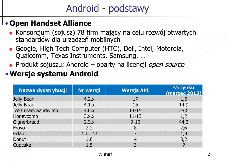 Wersje systemu Android Nazwa dydstrybucji Nr wersji Wersja API % rynku (marzec 2013) Jelly Bean 4.2.x 17 1,6 Jelly Bean 4.1.x 16 14,9 Ice Cream Sandwitch 4.