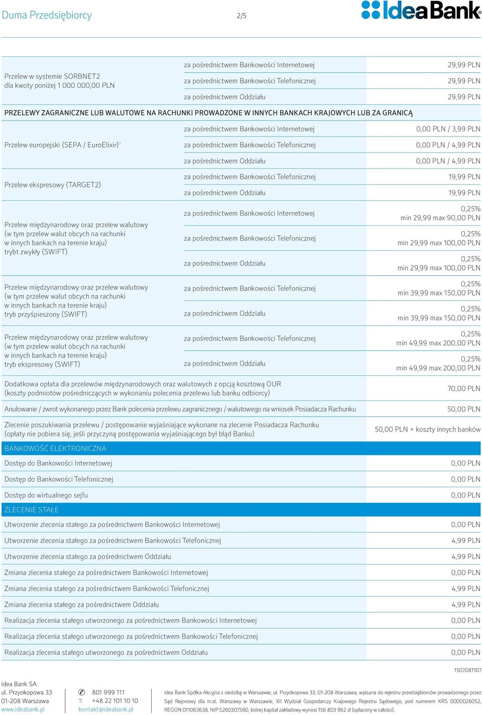 max 15 min 39,99 max 15 min 49,99 max 20 min 49,99 max 20 Dodatkowa opłata dla przelewów międzynarodowych oraz walutowych z opcją kosztową OUR (koszty podmiotów pośredniczących w wykonaniu polecenia