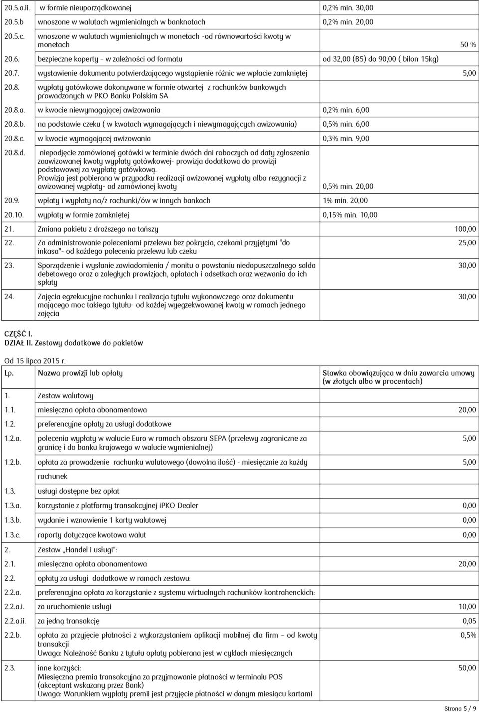 wypłaty gotówkowe dokonywane w formie otwartej z rachunków bankowych prowadzonych w PKO Banku Polskim SA 20.8.a. w kwocie niewymagającej awizowania 0,2% min. 6,00 20.8.b. na podstawie czeku ( w kwotach wymagających i niewymagających awizowania) 0,5% min.