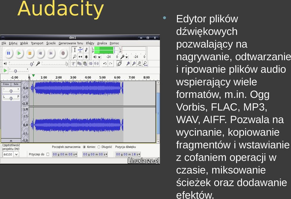 Ogg Vorbis, FLAC, MP3, WAV, AIFF.