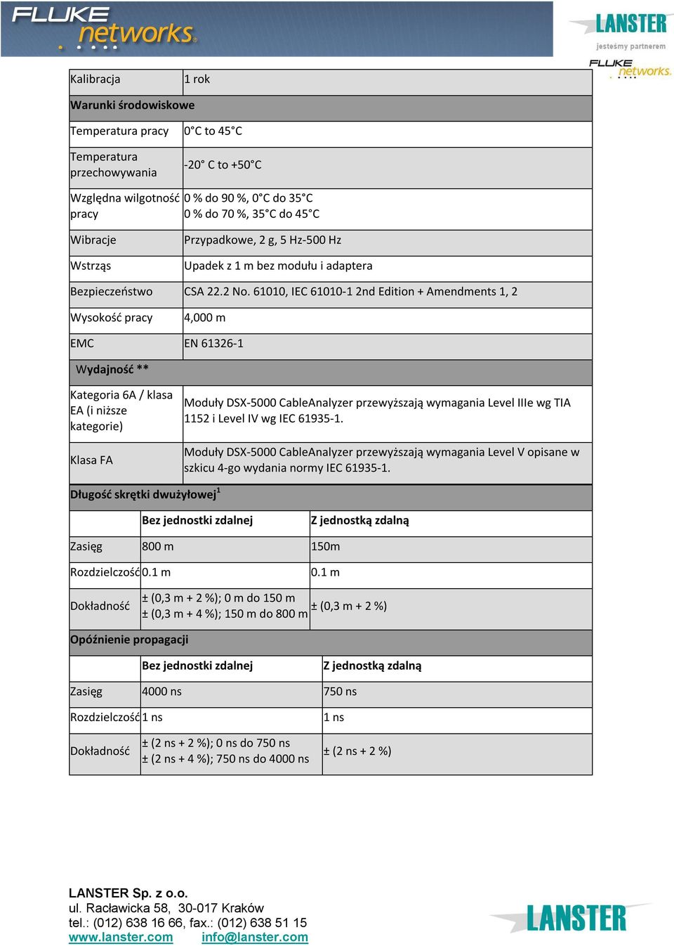 61010, IEC 61010-1 2nd Edition + Amendments 1, 2 Wysokość pracy 4,000 m EMC EN 61326-1 Wydajność ** Kategoria 6A / klasa EA (i niższe kategorie) Klasa FA Moduły DSX-5000 CableAnalyzer przewyższają