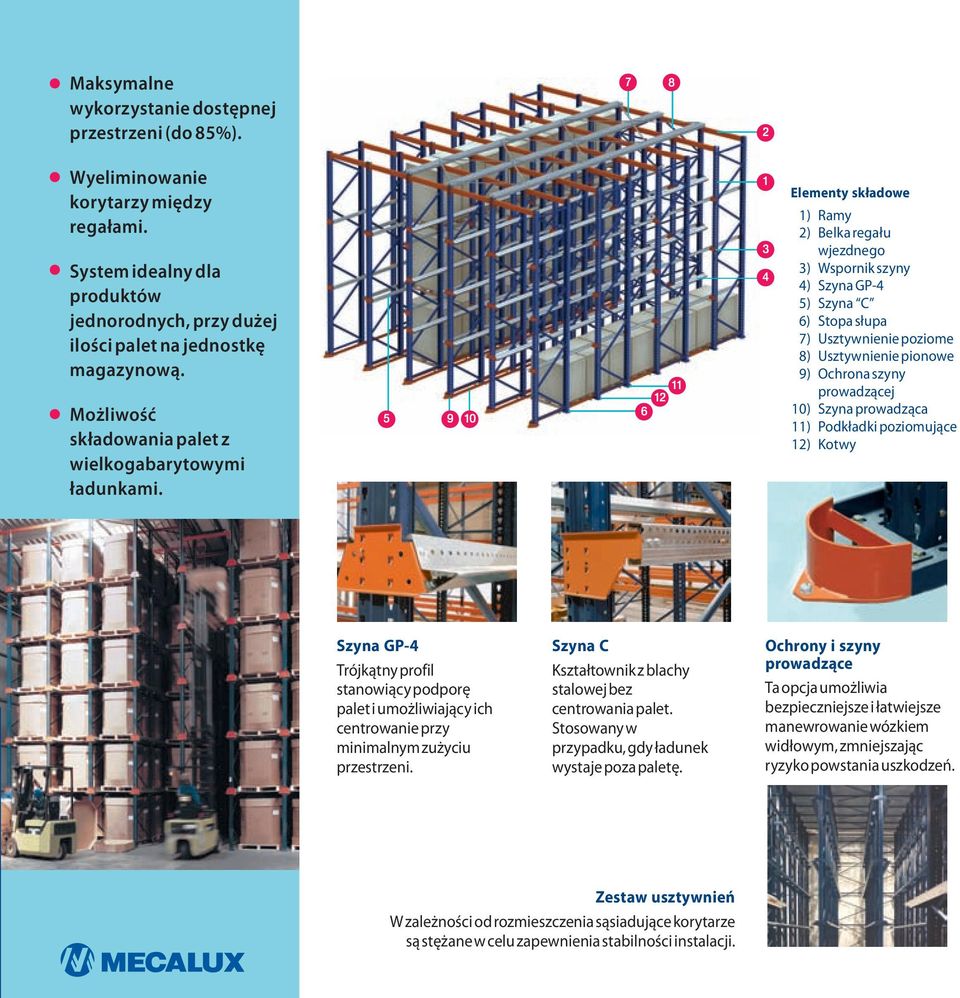 5 9 10 11 12 6 1 3 4 Elementy składowe 1) Ramy 2) Belka regału wjezdnego 3) Wspornik szyny 4) Szyna GP-4 5) Szyna C 6) Stopa słupa 7) Usztywnienie poziome 8) Usztywnienie pionowe 9) Ochrona szyny